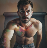 An AI-produced shirtless man with a fit figure, multi-colored paint splattered on him, while wearing blue jeans.